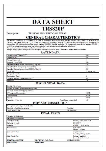Техническое описание трансформатора розжига Cofi TRS820P